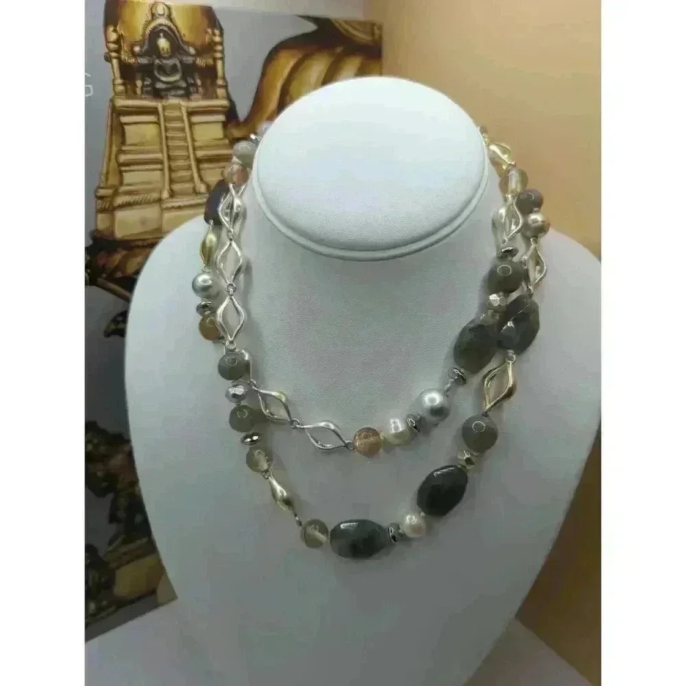 Stella & Dot Stone Metal Beaded Long Necklace Womens Jewelry Natural Muted Tones